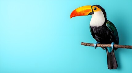 Fototapeta premium Vibrant Toucan Perched on Branch Against Blue Background