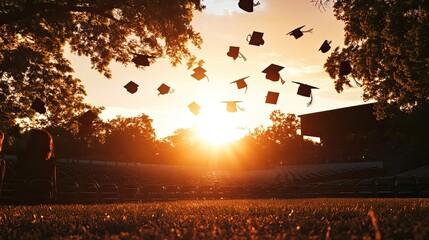 A picturesque sunset view behind a graduation ceremony with silhouettes of caps in the air.