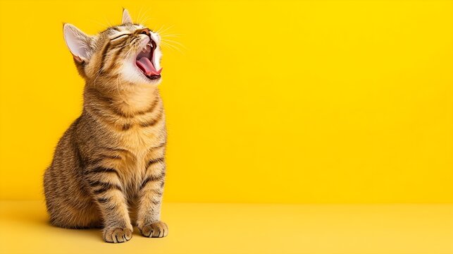 Cute tabby cat yawning with vibrant yellow background - Powered by Adobe