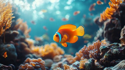 Obraz premium Colorful clownfish swimming among vibrant coral in a tranquil underwater world