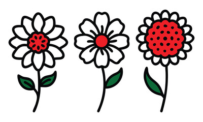 Stylized Flower Icons with Red Centers, A set of three stylized flower icons featuring black outlines, green leaves, and vibrant red centers for decorative use.
