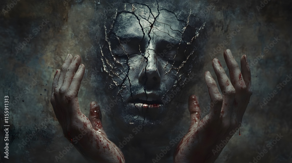 Poster dark and emotional artwork of a fragmented face emerging from a wall with cracks, symbolizing intern
