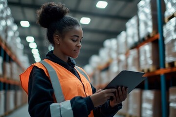 Efficient warehouse worker manages inventory with tablet in a busy distribution center