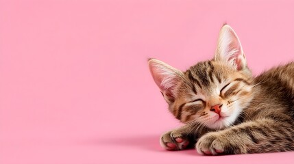 Cute Sleeping Kitten on Pink Background with Soft Tones and Joy