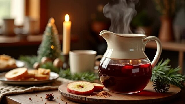 Warm spiced apple tea in pitcher with cinnamon and apple slices on wooden table