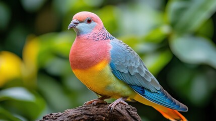 Fototapeta premium Colorful tropical bird perched on a branch in lush greenery