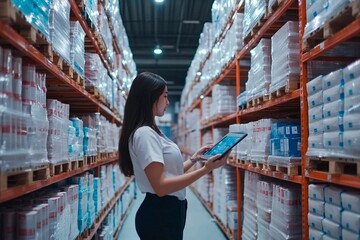 Woman managing inventory in a modern warehouse during daytime