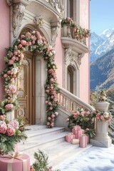 Fototapeta premium A luxurious entrance adorned with pink flowers and gifts, set against a stunning mountainous backdrop.