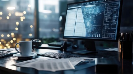 A police office workspace with a computer, documents, and coffee cup, capturing the daily grind of law enforcement,