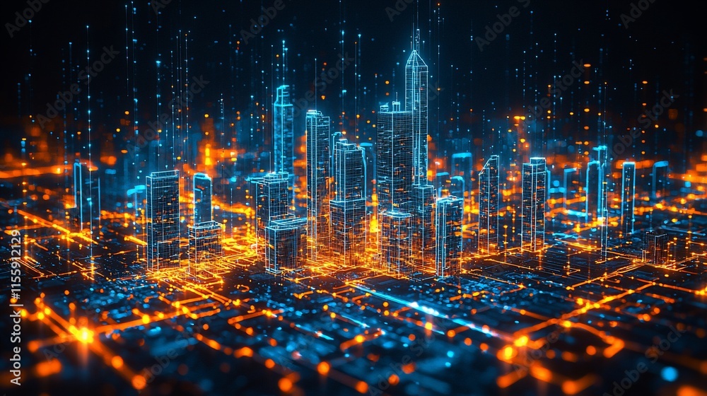 Poster digital city skyline at night, glowing with data streams.