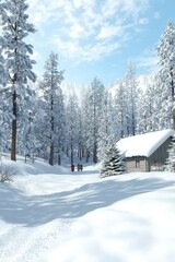 A serene winter landscape featuring snow-covered trees, a rustic cabin, and a clear blue sky.