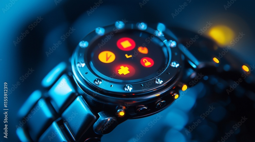 Poster futuristic smartwatch with illuminated interface.