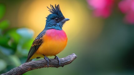 Fototapeta premium Colorful tropical bird perched on a branch in lush greenery