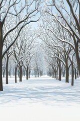 Fototapeta premium A tranquil winter landscape with snow-covered trees creating a serene pathway through nature's beauty.