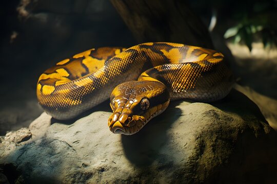 royal python with golden scales, snake close-up capturing reptile texture, glowing eyes, and exotic wildlife beauty