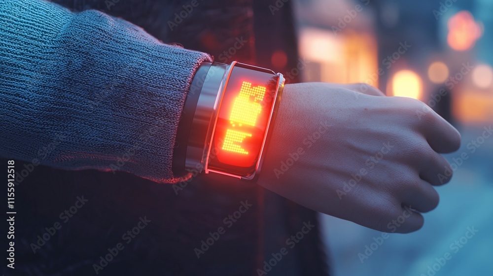Poster futuristic smartwatch displaying red alert message on wrist at night.