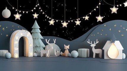 Charming festive scene with illuminated decorations, trees, and playful woodland animals creating a magical atmosphere.