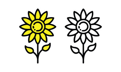 Stylized Yellow Sunflower with Outline Version, Vector illustration of a stylized yellow sunflower with a playful design and green leaves, paired with a black-and-white outline version.  
