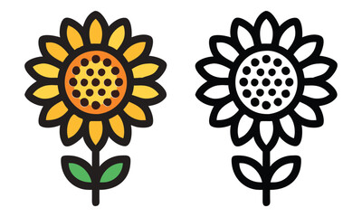 Yellow Sunflower with Outline Version, Vector illustration of a vibrant yellow sunflower with green leaves, paired with a black-and-white outline version, perfect for creative and decorative projects.