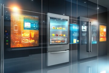 Modern smart kitchen with advanced refrigerator technology and interactive displays