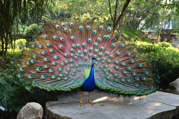 Obraz premium Vibrant peacock displaying its stunning plumage in a serene garden setting