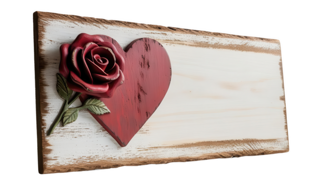 rustic wooden plaque featuring red heart and detailed red rose, symbolizing love and romance, with distressed transparency background and natural wood edges - Powered by Adobe