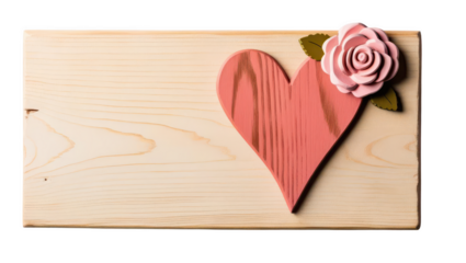 wooden board with pink heart and decorative rose creates charming and romantic design. natural wood grain, isolated on transparency background
