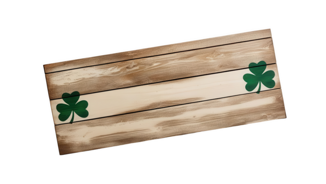 wooden rectangular sign with rustic finish, featuring two green shamrocks and one black shamrock on light wood background, isolated on transparency background