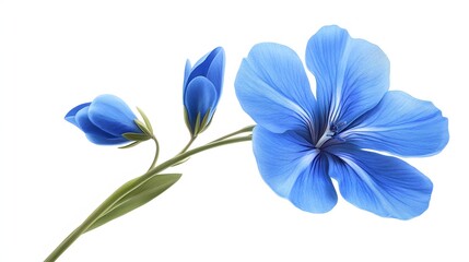 Naklejka premium A single blue flax flower with two buds on a stem
