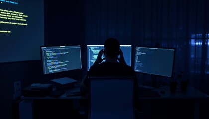 A young programmer struggling with fatigue while coding on multiple screens in a dimly lit room