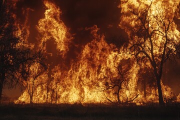 Intense forest blaze with trees engulfed in raging flames and thick smoke