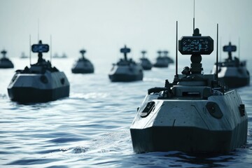 New drone boats patrol calm waters at dawn on a naval exercise in the ocean