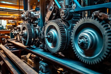 Fototapeta premium Intricate machinery gears in a vibrant workshop during twilight hours