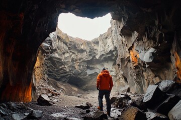 Exploring a majestic cave with volcanic rock formations under a cloudy sky