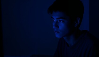 A young man battling fatigue while working on a computer screen in a dark room with blue lighting