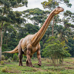 Obraz premium Brachiosaurus standing among lush green forest, surrounded by tall trees