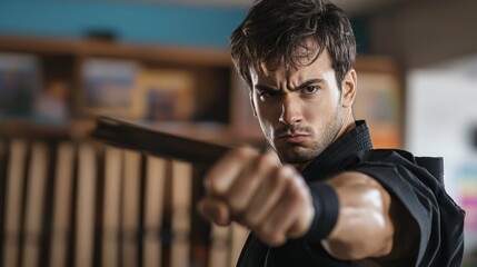 Focused martial artist in black gi, intense expression, ready to strike.