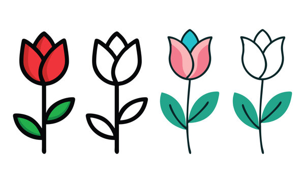 Tulip Illustration Set with Color and Outlines, Vector set of tulip illustrations featuring vibrant colors and black-and-white outlines, ideal for creative design and coloring projects.
