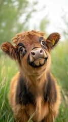 Naklejka premium A charming young calf with a playful expression, surrounded by lush green grass, showcasing its adorable features in a serene outdoor setting.