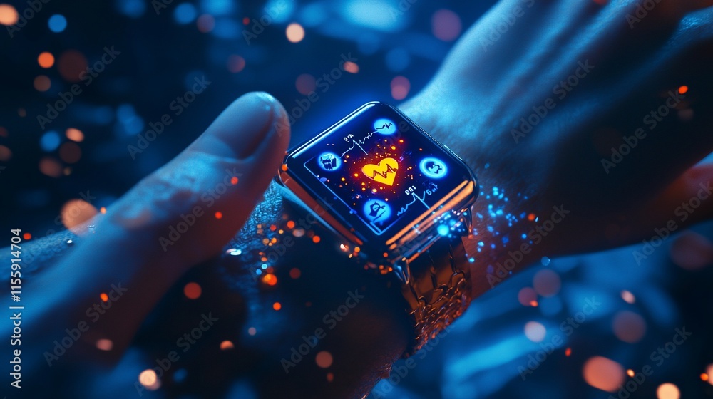 Poster Smartwatch displaying health data with vibrant futuristic effects.