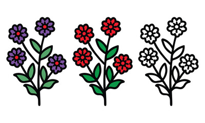 Purple, red, and outline floral bouquets, A trio of floral bouquets featuring purple and red flowers with green leaves, alongside a black-and-white outline version for versatile designs.  
