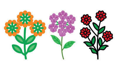 Colorful floral bouquet illustrations in orange, purple, and red, A set of three vibrant floral bouquets featuring orange, purple, and red flowers with green leaves, showcasing cheerful and decorative