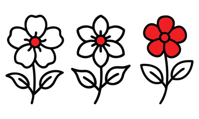 Black-and-white and red floral illustrations, A trio of flower illustrations featuring black-and-white designs and one red flower with green leaves, showcasing a clean and minimalistic style.  
