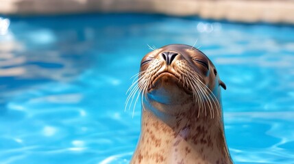 Fototapeta premium A seal emerges from a sparkling blue pool, displaying its whiskers and playful demeanor under the sunlight.