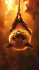Naklejka premium A cute bat hangs upside down, illuminated by warm, golden light, showcasing its large eyes and furry features.