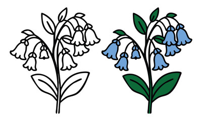 Bluebell flower illustrations with outline and color, Two bluebell flower illustrations, one in black-and-white outline and the other in vibrant blue with green leaves, showcasing a natural and elegan
