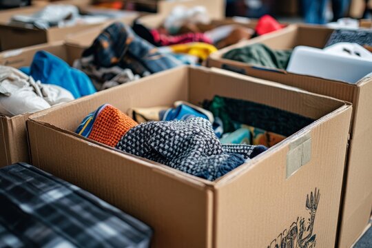 Close up Boxes of stuff preparing to donate to charity, Generative AI