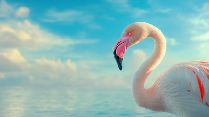 Fototapeta premium A serene flamingo gracefully stands by tranquil waters, framed by a bright sky, embodying beauty and nature's elegance.