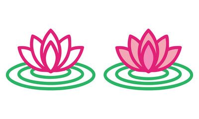 Pink lotus flowers with green water ripples, Two vibrant lotus flower illustrations featuring pink petals and green ripples, showcasing a minimalist and symmetrical aquatic design.
