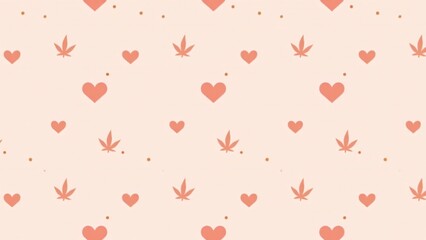 Small cannabis leaves forming hearts on a pastel pink background, with delicate gold dots scattered throughout; seamless romantic pattern for Valentine’s wallpapers and decor.